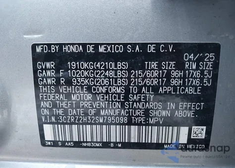 2025 Honda Hr-V Awd Lx z USA, uszkodzony, nr VIN 3CZRZ2H32SM795098